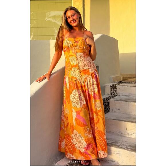 Farm Rio Linen Blend Strapless Drop-Waist Maxi Dress size M medium - Picture 2 of 8